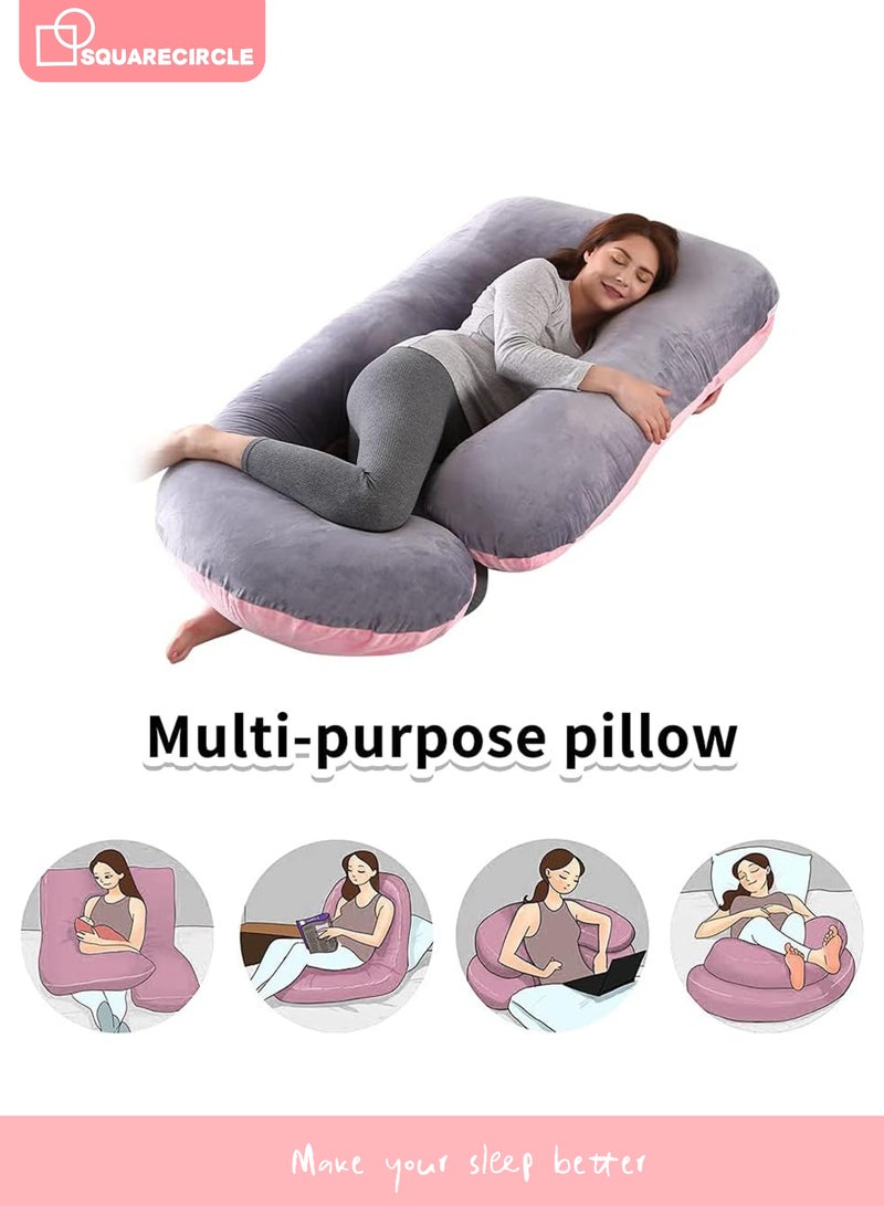 دائرة مربعة وسادة حمل ناعمة على شكل حرف U لكامل الجسم - مريحة وتخفيف الظهر - دعم مريح للأمومة وتخفيف الظهر - وسائد الأمومة - أفضل هدية للنساء الحوامل (وردي ورمادي) - Image 3
