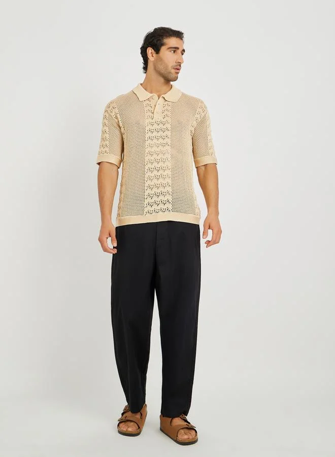 Styli Styli Men Beige Crochet Short Sleeve Relaxed Fit Polo T-Shirt