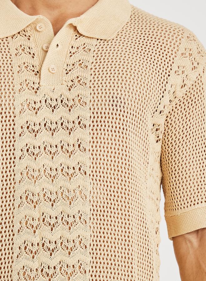 Styli Men Beige Crochet Short Sleeve Relaxed Fit Polo T-Shirt - Image 3
