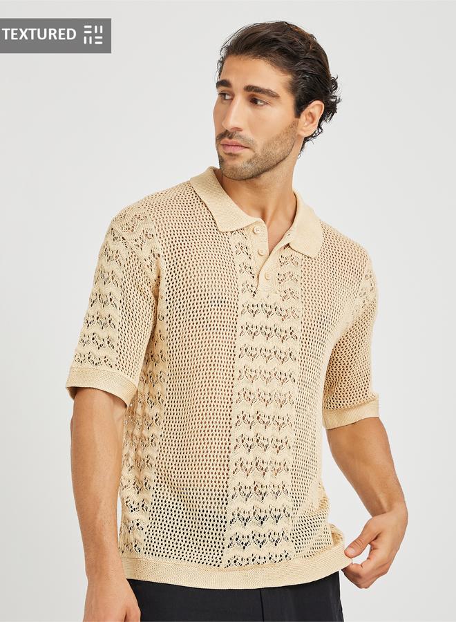 Styli Men Beige Crochet Short Sleeve Relaxed Fit Polo T-Shirt - Image 1