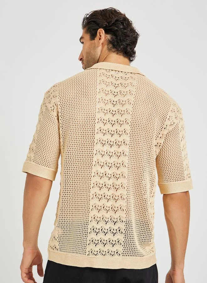 Styli Men Beige Crochet Short Sleeve Relaxed Fit Polo T-Shirt