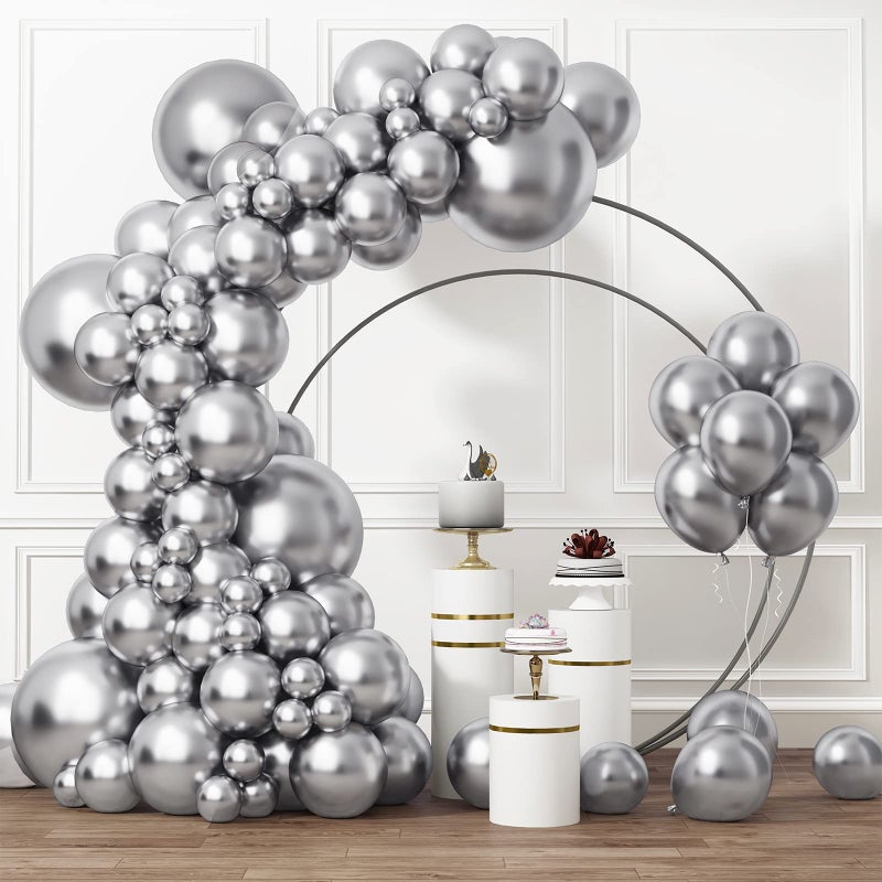 RUBFAC Silver Balloons Different Sizes 105pcs 5101218 Inch Metallic Silver Balloon Garland for Happy New Year Decorations Birthday Wedding Baby Shower Party Decorations - Image 2
