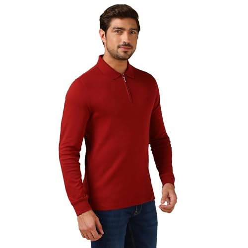 Van Heusen Men Zipper Placket T Shirts - Cotton Polyester Interlock - Long Sleeves,Even Vented Hem, Polo Collar_Red_M - Image 4