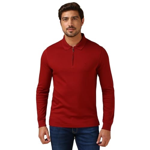 Van Heusen Men Zipper Placket T Shirts - Cotton Polyester Interlock - Long Sleeves,Even Vented Hem, Polo Collar_Red_M - Image 1