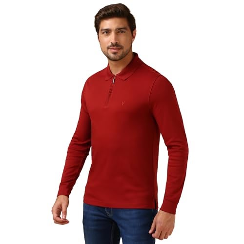 Van Heusen Men Zipper Placket T Shirts - Cotton Polyester Interlock - Long Sleeves,Even Vented Hem, Polo Collar_Red_M - Image 3