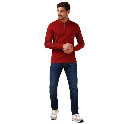 Van Heusen Men Zipper Placket T Shirts - Cotton Polyester Interlock - Long Sleeves,Even Vented Hem, Polo Collar_Red_M - Image 5