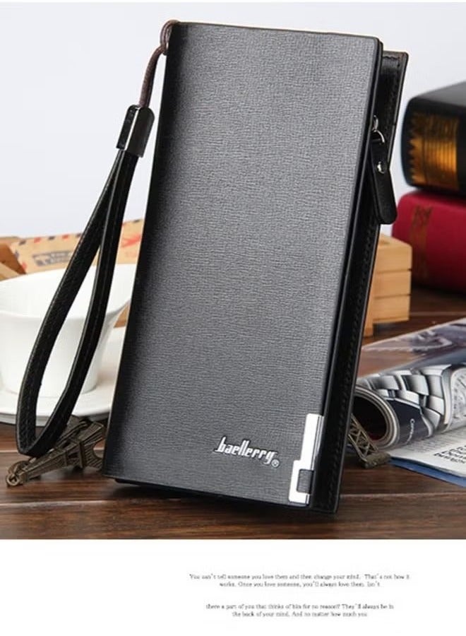 Generic Long Wallet for Men with Zipper Leather Genuine Large Capacity Checkbook Clutch Purse for Travel Business Black  - Image 1