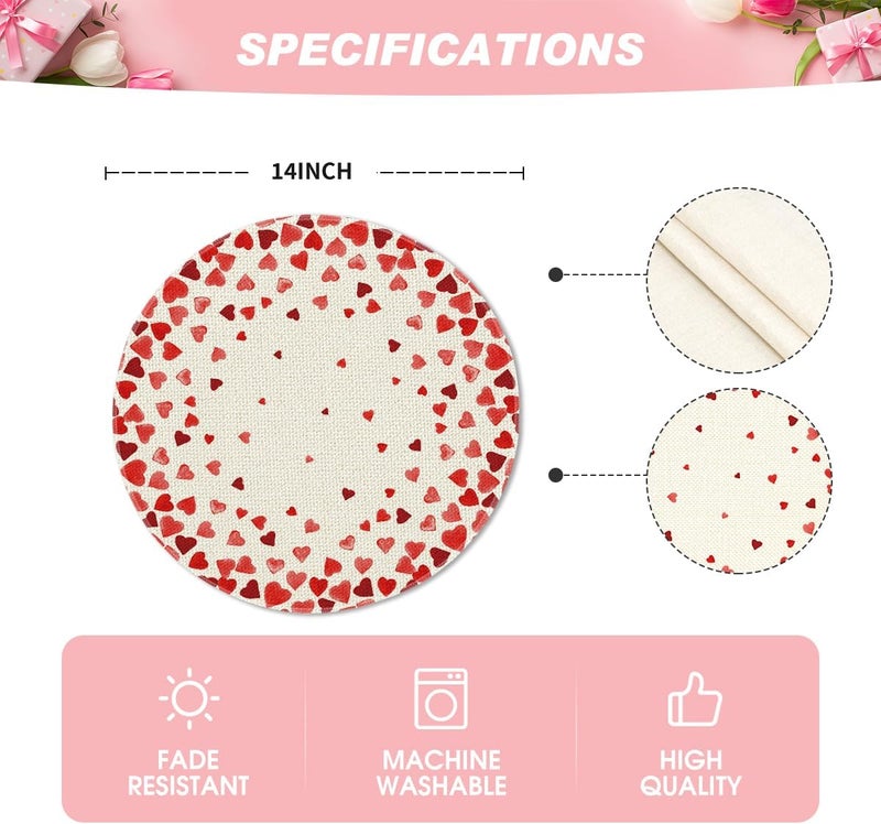 Artoid Mode Red Love Hearts Valentine Round Placemats Set of 414 Inch Round Table Mats for Indoor Outdoor Holiday Anniversary Dining Decoration - Image 4