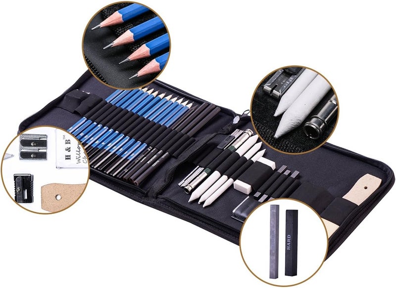 HB Sketching Pencils Set Drawing and Sketch Kit 32-Piece Set with Pencils, Erasers, Graphite Stick, Sandpaper Block, Pencil Sharpener - Image 3