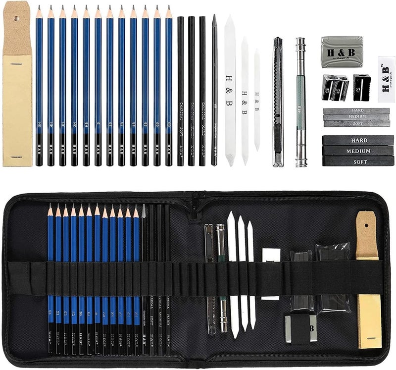 HB Sketching Pencils Set Drawing and Sketch Kit 32-Piece Set with Pencils, Erasers, Graphite Stick, Sandpaper Block, Pencil Sharpener - Image 1