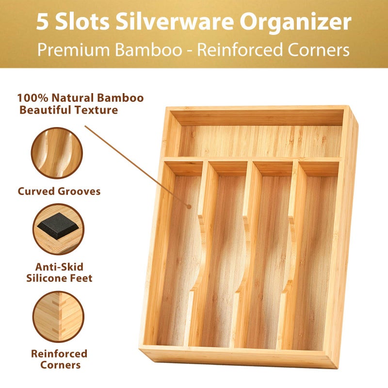 Umilife Bamboo Kitchen Drawer Organizer, 9 Inch Silverware Utensils Tray Holder for Small Drawer, Wood Caddy for Flatware Cutlery Knives - Image 2