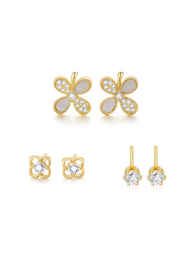 MTZ stud earrings set women 3 pairs butterfly flower round gold tone cz crystal dainty elegant daily wear gift girls - Image 1