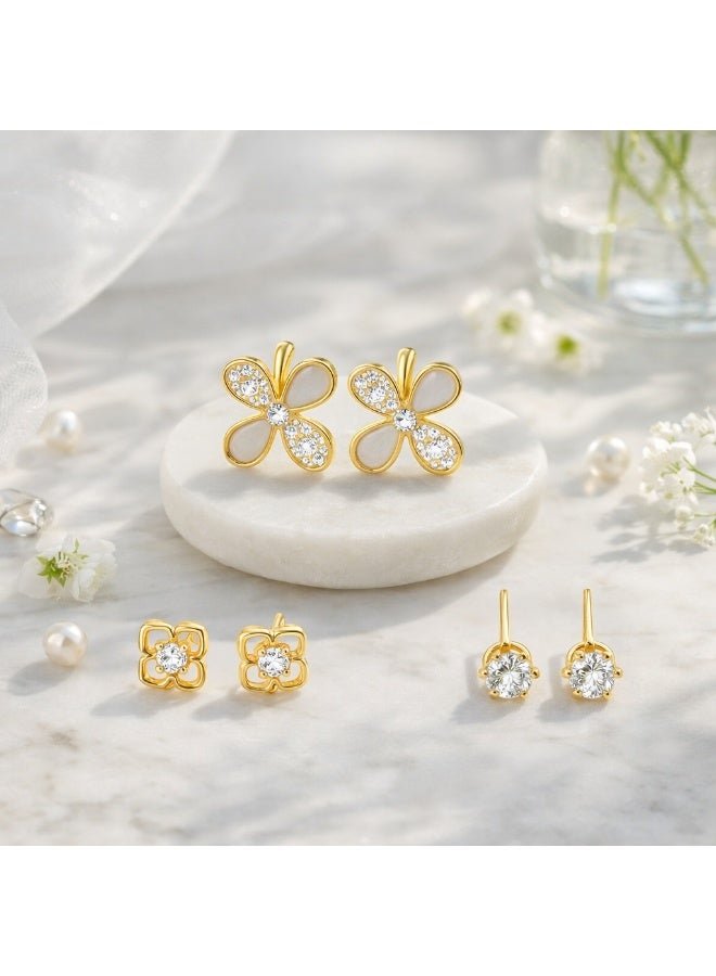 MTZ stud earrings set women 3 pairs butterfly flower round gold tone cz crystal dainty elegant daily wear gift girls - Image 2