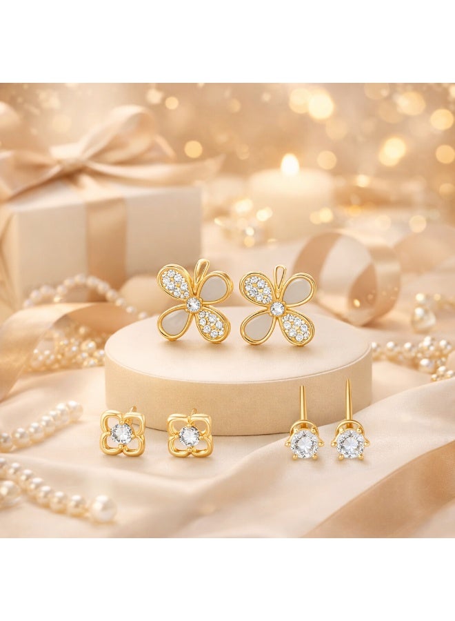 MTZ stud earrings set women 3 pairs butterfly flower round gold tone cz crystal dainty elegant daily wear gift girls - Image 3