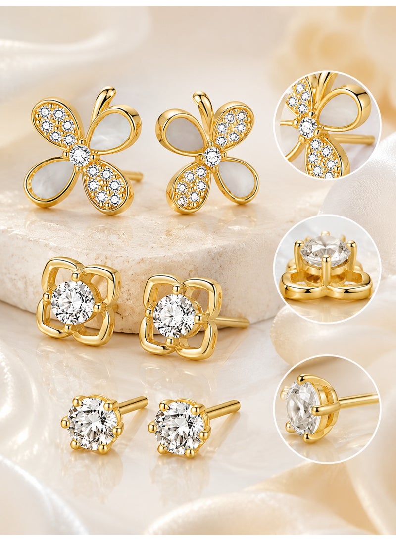 MTZ 3 Pairs Gold Tone Stud Earrings Set for Women, Butterfly Flower Stud Earrings with Sparkling Rhinestones, Square Floral Earrings and Classic Round Crystal Studs, Elegant Jewelry Gift for Girls and Women - Image 4