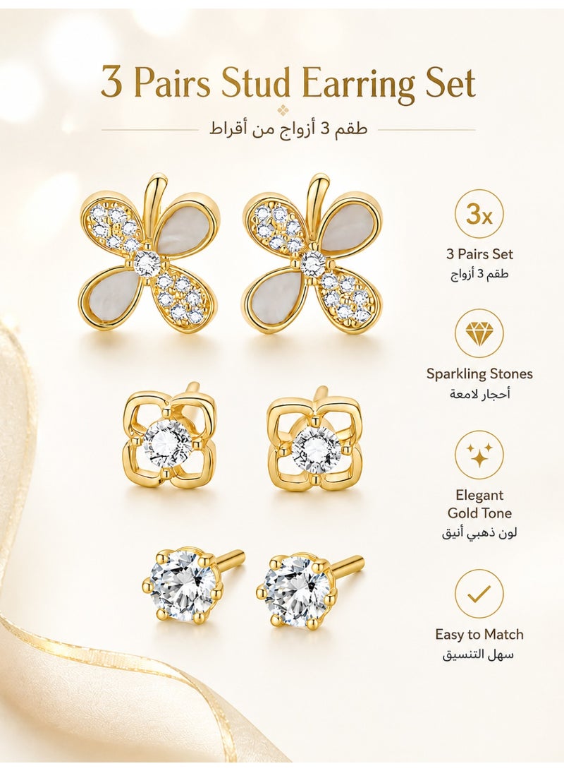 MTZ 3 Pairs Gold Tone Stud Earrings Set for Women, Butterfly Flower Stud Earrings with Sparkling Rhinestones, Square Floral Earrings and Classic Round Crystal Studs, Elegant Jewelry Gift for Girls and Women - Image 3