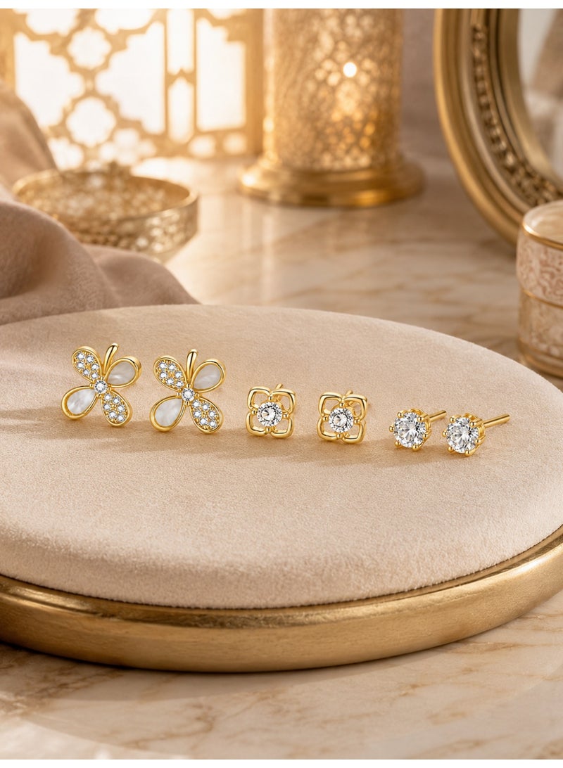 MTZ 3 Pairs Gold Tone Stud Earrings Set for Women, Butterfly Flower Stud Earrings with Sparkling Rhinestones, Square Floral Earrings and Classic Round Crystal Studs, Elegant Jewelry Gift for Girls and Women - Image 2