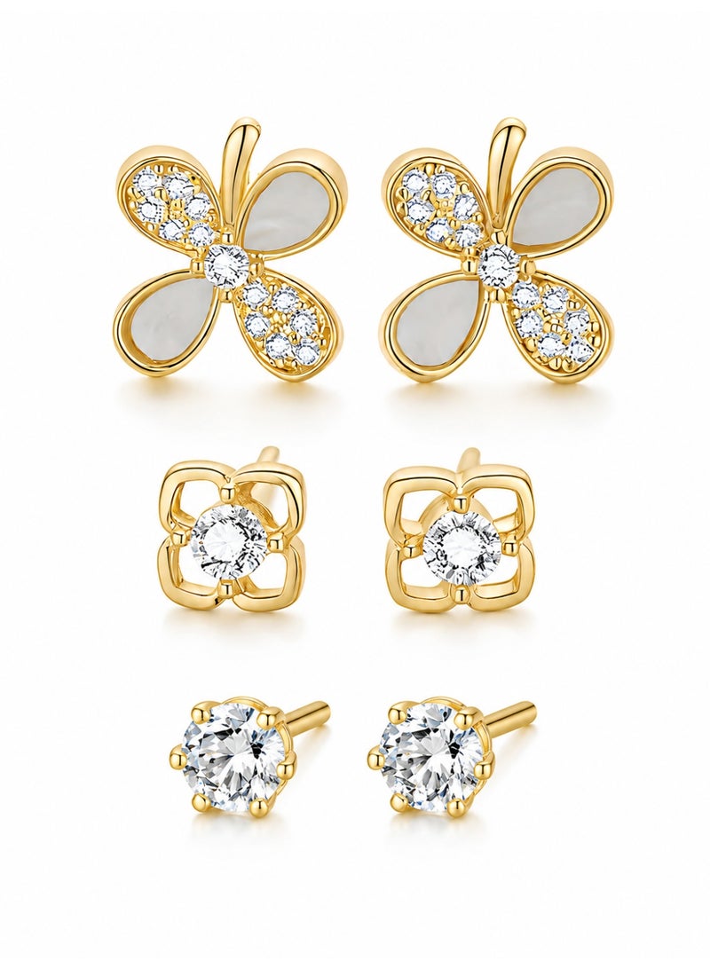 MTZ 3 Pairs Gold Tone Stud Earrings Set for Women, Butterfly Flower Stud Earrings with Sparkling Rhinestones, Square Floral Earrings and Classic Round Crystal Studs, Elegant Jewelry Gift for Girls and Women - Image 1