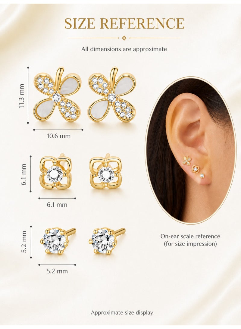 MTZ 3 Pairs Gold Tone Stud Earrings Set for Women, Butterfly Flower Stud Earrings with Sparkling Rhinestones, Square Floral Earrings and Classic Round Crystal Studs, Elegant Jewelry Gift for Girls and Women - Image 5