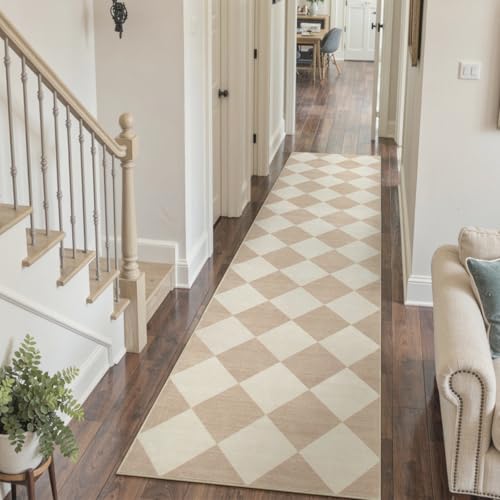 Beeiva Checkered Print Long Hallway Runner Rug Non Slip, Beige Ultra Thin 2.5x10 Washable Runner Rug, Moroccan Trellis Home Decor Faux Wool Neutral Carpet for Bathroom Kitchen Hallways, 10ft - Image 2