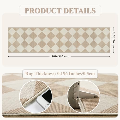Beeiva Checkered Print Long Hallway Runner Rug Non Slip, Beige Ultra Thin 2.5x10 Washable Runner Rug, Moroccan Trellis Home Decor Faux Wool Neutral Carpet for Bathroom Kitchen Hallways, 10ft - Image 5