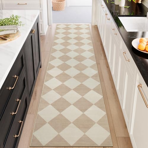 Beeiva Checkered Print Long Hallway Runner Rug Non Slip, Beige Ultra Thin 2.5x10 Washable Runner Rug, Moroccan Trellis Home Decor Faux Wool Neutral Carpet for Bathroom Kitchen Hallways, 10ft - Image 1