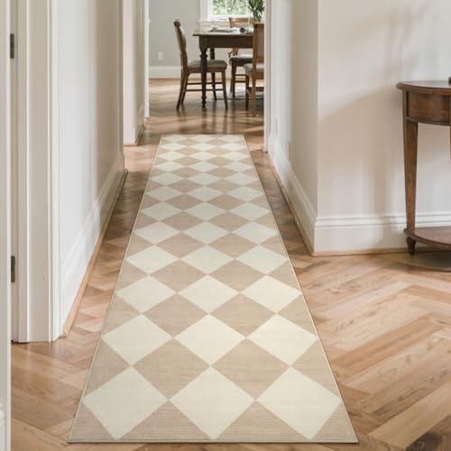 Beeiva Checkered Print Long Hallway Runner Rug Non Slip, Beige Ultra Thin 2.5x10 Washable Runner Rug, Moroccan Trellis Home Decor Faux Wool Neutral Carpet for Bathroom Kitchen Hallways, 10ft - Image 3