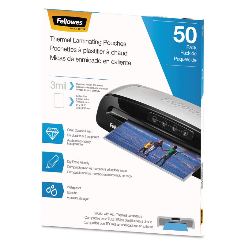 Fellowes 5744301 Thermal Laminating Pouches, 3 mil, 9-Inch x 11.5-Inch, Matte Clear, 50/Pack