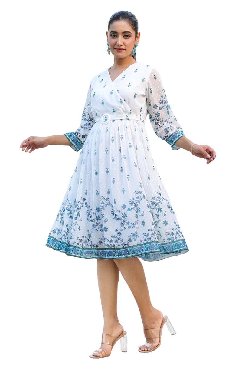 Janasya Women's White Georgette Digital Print Flared Western Dress (JNE4046-DR-RE-XL) - Image 1