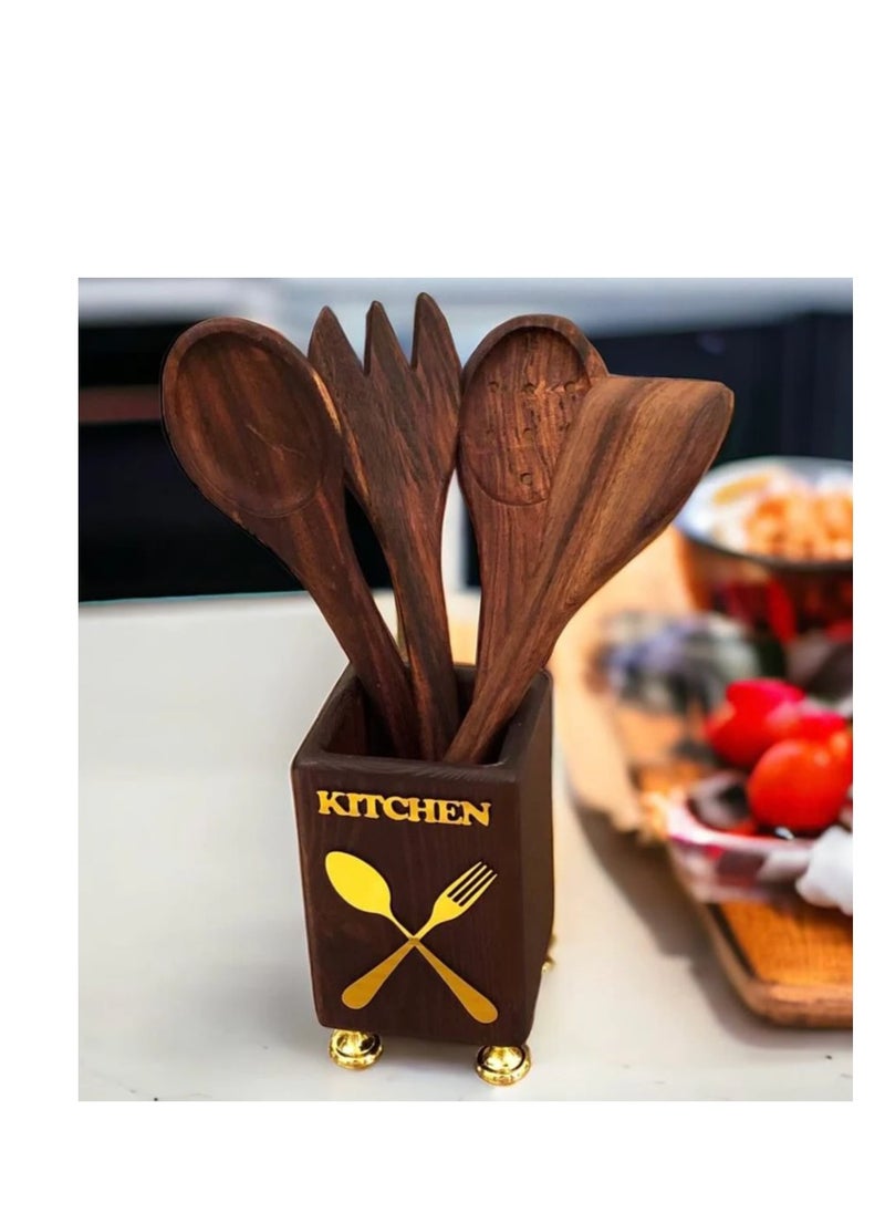 ماركة غير محددة حامل أدوات مطبخ من الخشب الطبيعي مع طقم طهي من 4 قطع - منظم خشبي مصنوع يدويًا مع ملعقة مسطحة وملعقة وملعقة تقليب | أدوات خشبية صديقة للبيئة للطهي والتقديم  - Image 1