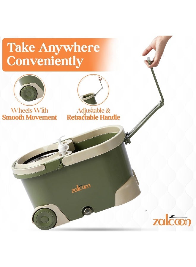 Zalcoon Spin Mop Telescopic Handle and Base for Floor Cleaning, 360Â° Spinning Mop Bucket with 2 Microfiber Mop Refills (Olive Green) - Image 4