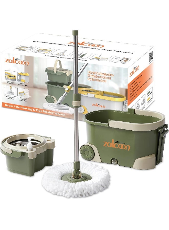 Zalcoon Spin Mop Telescopic Handle and Base for Floor Cleaning, 360Â° Spinning Mop Bucket with 2 Microfiber Mop Refills (Olive Green) - Image 2