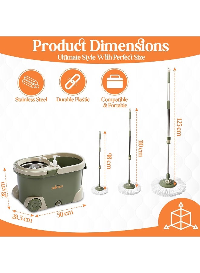 Zalcoon Spin Mop Telescopic Handle and Base for Floor Cleaning, 360Â° Spinning Mop Bucket with 2 Microfiber Mop Refills (Olive Green) - Image 5