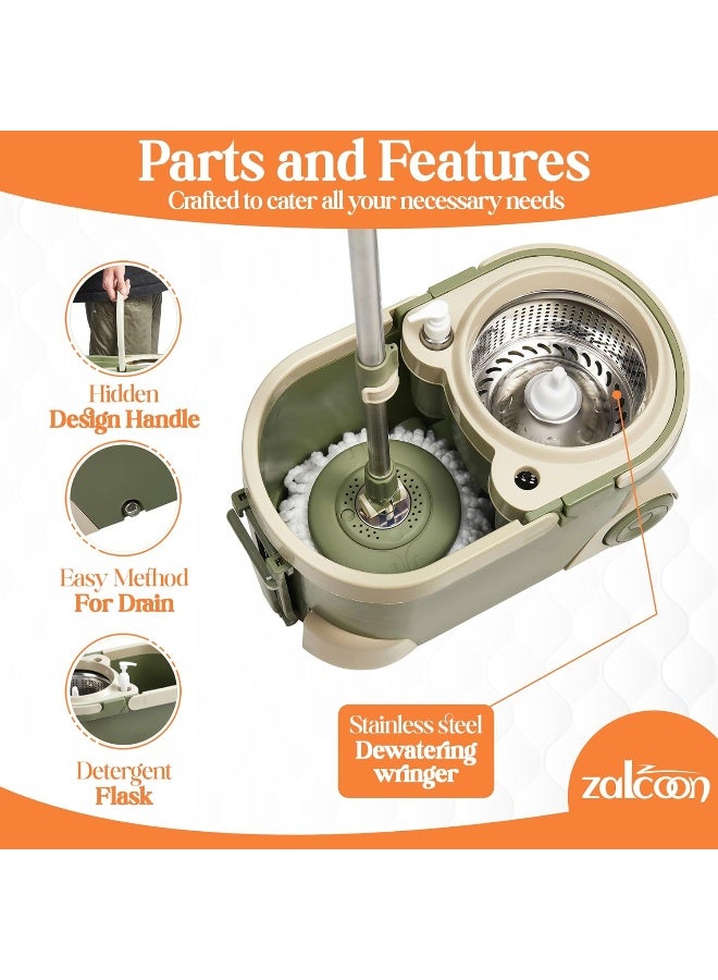 Zalcoon Spin Mop Telescopic Handle and Base for Floor Cleaning, 360Â° Spinning Mop Bucket with 2 Microfiber Mop Refills (Olive Green) - Image 3