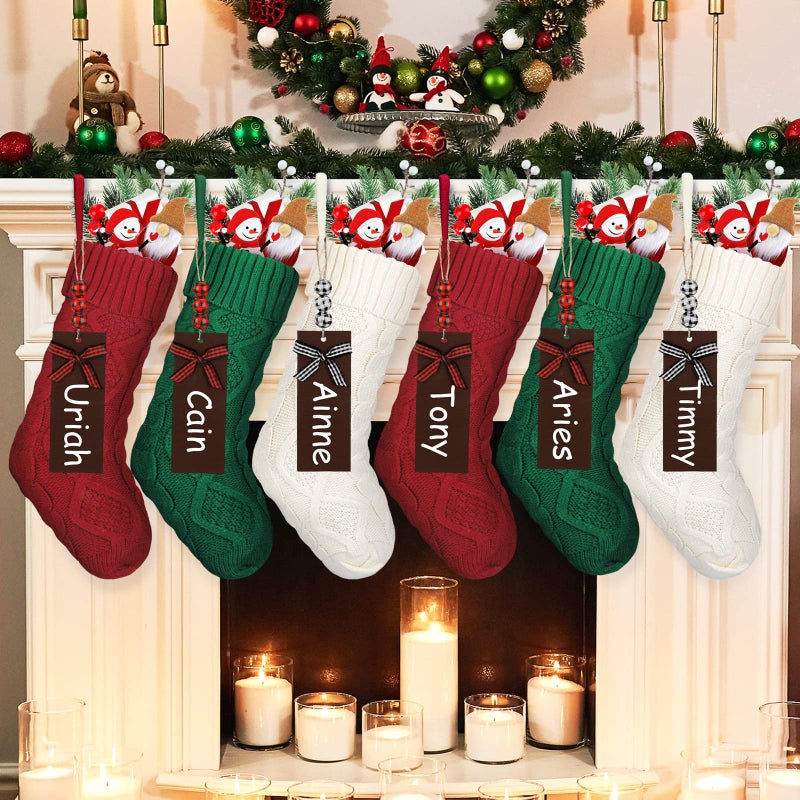 Eurzom 6 Pcs Christmas Stocking 18 Inch Personalized Stocking with Wood Name Tags Large Xmas Cable Knitted Family Decorations for Holiday Xmas Farmhouse DecorWhite Green Red