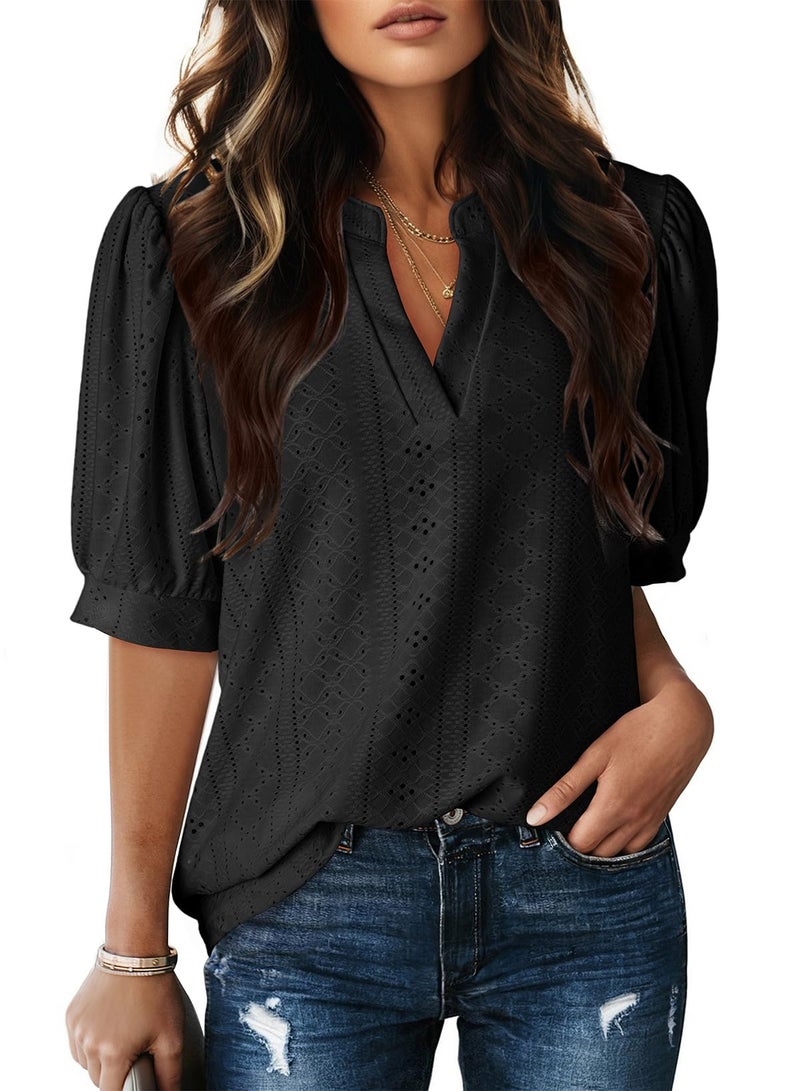 Dokotoo Womens Blouses Dressy Casual Summer Spring Short Sleeve Tops for Women Trendy 2026 V Neck Business Casual Outfits Work Shirts Black Tops for Women M - Image 1