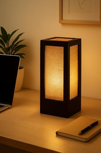 make in modern Handcrafted Wooden Table Lamp with Natural Jute Shade – Rectangular Black Finish Lamp for Bedside, Living Room, Desk – 12cmX12cmX27cm – Made in India (Bulb Not Included) - Image 1