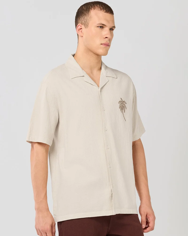 بيواكوف Men's Beige Embroidered Oversized Shirt