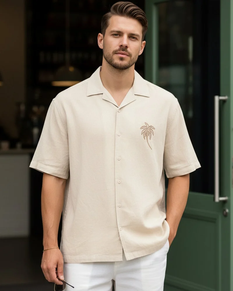 بيواكوف Men's Beige Embroidered Oversized Shirt