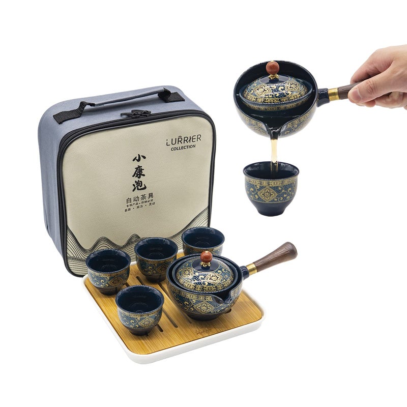 Lurrier Porcelain Chinese Gongfu Tea Set Portable Teapot Set With 360 Rotation Tea Maker And Infuser Portable All In One Gift Bag For Travel Home Gifting Outdoor And Office (Floral Blue) - Image 1