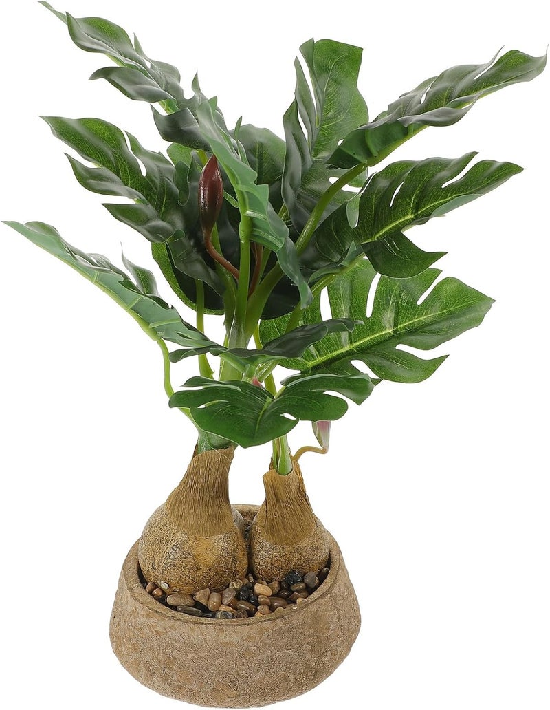 Artificial Monstera Potted Plant with Paper Pulp Pot, Small Faux Tabletop Plant for Bathroom and Shelf Decor, Tropical Leaf Bonsai Ornament for Indoor Home Office - Image 1
