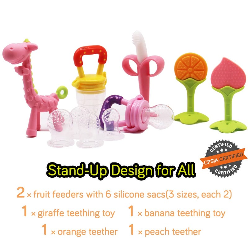 QUALEAP Medical-Grade Teething Toys for Babies 0-6 6-12 12-18 Months - with 4 × Adorable Baby Teethers & 2 × Baby Fruit Feeders - Soft Textures for Infant and Toddlers (Pink) - Image 3