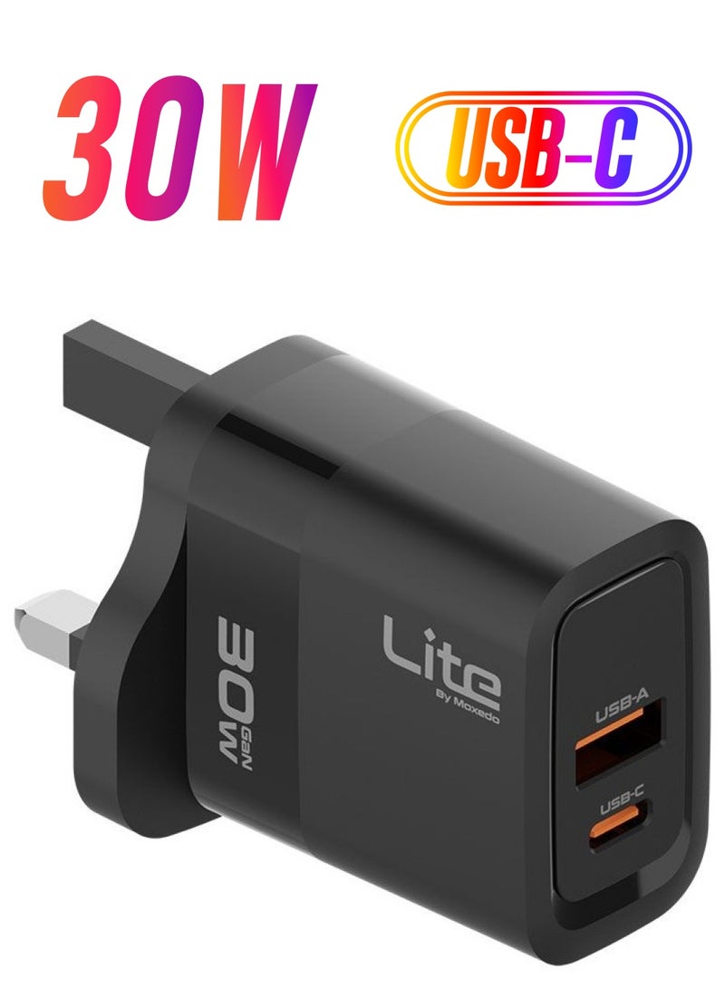 Moxedo Moxedo Lite 30W GaN Charger USB-A/USB-C Ports Fast Charging PD 3.0 Compatible for iPhone Series, iPad Pro 12.9, 11, MacBook, Samsung Galaxy S24, Pixel and more  - Image 1