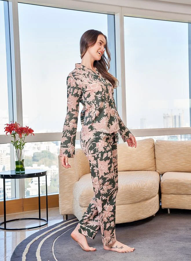 sanskrutihomes Floral Patch Pocket Cotton Shirt & Pyjama Set by Styli