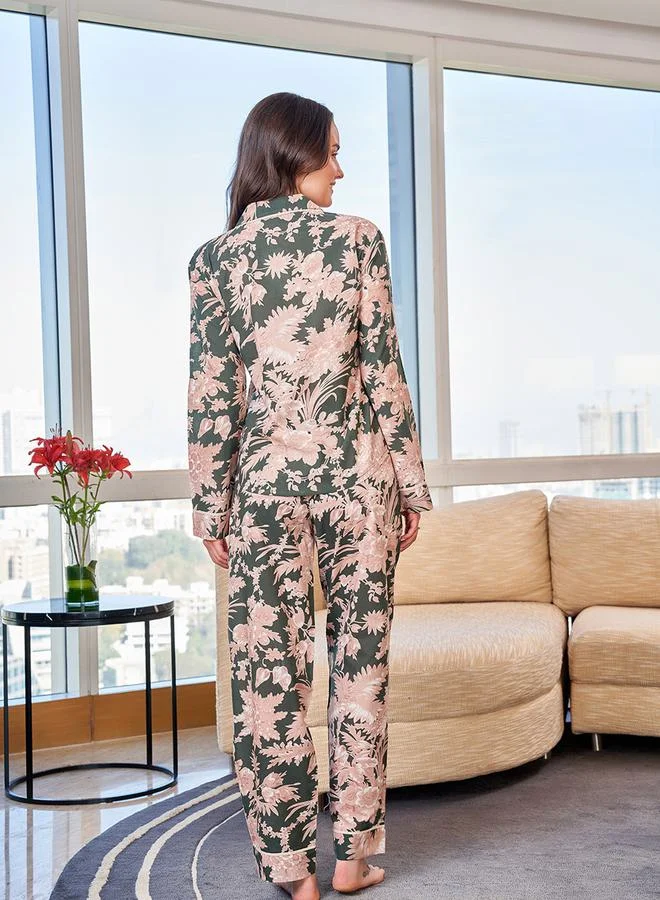 sanskrutihomes Floral Patch Pocket Cotton Shirt & Pyjama Set by Styli