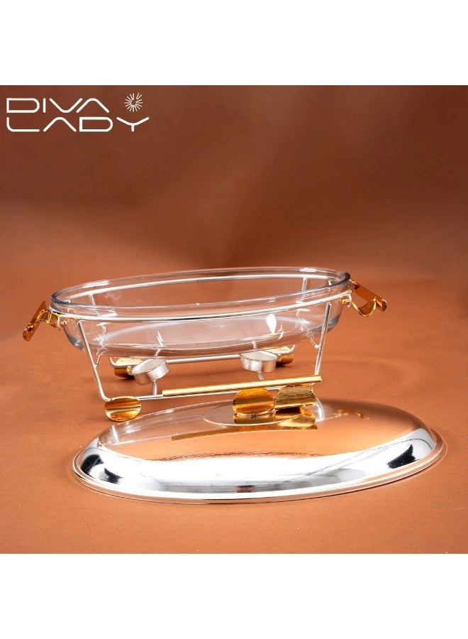 DIVA LADY ✨ Diva Lady Luxury Oval Food Warmer – Silver Stainless Steel with Elegant Golden Accents 🍲💛 - Image 4