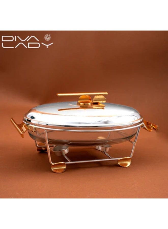DIVA LADY ✨ Diva Lady Luxury Oval Food Warmer – Silver Stainless Steel with Elegant Golden Accents 🍲💛 - Image 1