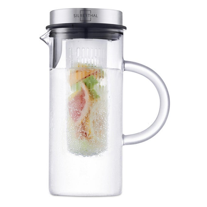GLASS WATER JUG WITH LID 1 FOR FRIDGE CARAFE WITH FRUIT STRAINER DISHWASHER SAFE PITCHER AND HEAT RESISTANT