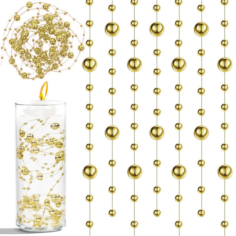 Cusmation 50pcs Pearls String Beads of Pearls 105mm Bright Gold Artificial Pearl String for Floating Candles Centerpieces Vase Filler Wedding Centerpiece Christmas Party Decor