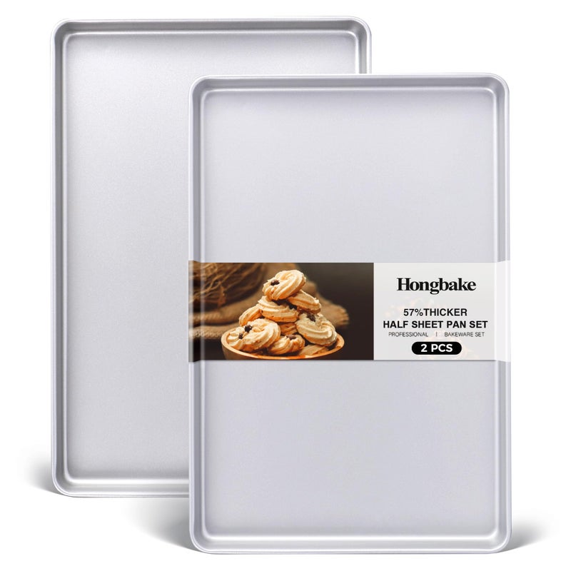 HONGBAKE Half Baking Sheet Pan Set of 2 Nonstick Cookie Sheet for Oven Heavy Duty 12 Commercial Cookie Trays Dishwasher Safe Silver